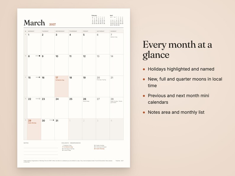 2027 Utskrivbar kalender Irland med helgdagar och månfaser · PDF A4 + US Letter · Måndag eller söndagsstart · Månadsvis, Årsvis bild 2