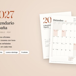 May include: A 2027 printable PDF calendar for Spain featuring the text 2027 Calendario Espa&ntilde;a. The layout includes a monthly grid for December with numbered days, official holidays, lunar phases, and space for notes in a clean, white design.