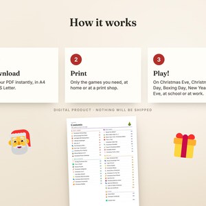 May include: A digital instructional graphic titled How it works with three numbered steps: 1 Download, 2 Print, and 3 Play. Below, a contents page lists various Christmas-themed games, accompanied by a Santa Claus icon and a yellow gift box icon.