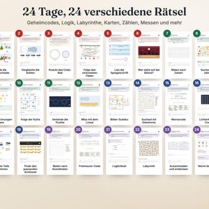Puede incluir: Una colecci&oacute;n de 24 tarjetas de rompecabezas diarias tituladas 24 Tage, 24 verschiedene R&auml;tsel. Cada tarjeta presenta un desaf&iacute;o &uacute;nico que incluye l&oacute;gica, laberintos, c&oacute;digos y tareas de conteo, numeradas del 1 al 24 con etiquetas en alem&aacute;n.