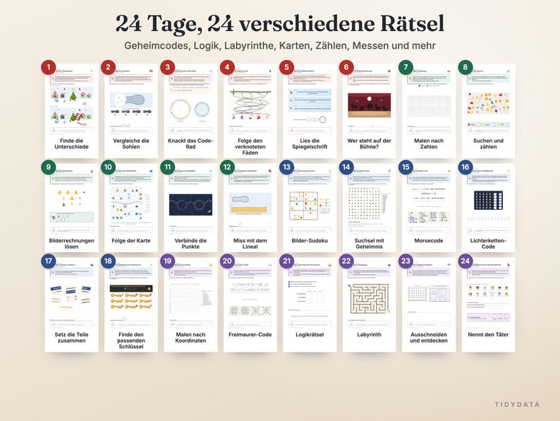 Puede incluir: Una colecci&oacute;n de 24 tarjetas de rompecabezas diarias tituladas 24 Tage, 24 verschiedene R&auml;tsel. Cada tarjeta presenta un desaf&iacute;o &uacute;nico que incluye l&oacute;gica, laberintos, c&oacute;digos y tareas de conteo, numeradas del 1 al 24 con etiquetas en alem&aacute;n.