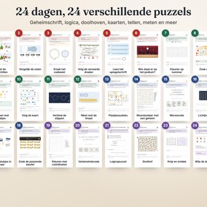 May include: A collection of 24 numbered puzzle sheets titled 24 dagen, 24 verschillende puzzels. The grid displays various activities including logic, mazes, codes, counting, and measurement tasks, each labeled with a specific number from 1 to 24.