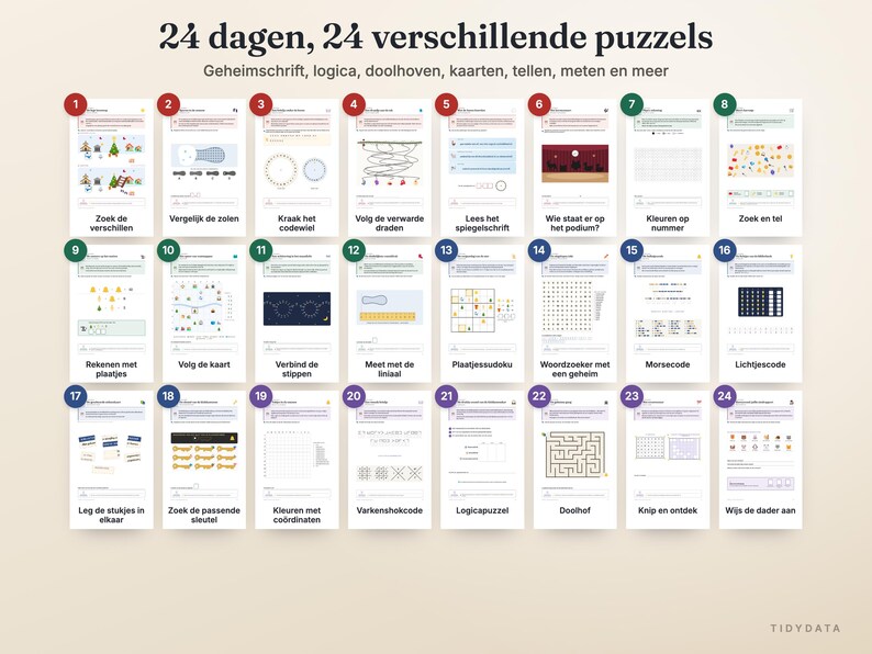 May include: A collection of 24 numbered puzzle sheets titled 24 dagen, 24 verschillende puzzels. The grid displays various activities including logic, mazes, codes, counting, and measurement tasks, each labeled with a specific number from 1 to 24.