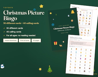 Weihnachtsbingo zum Ausdrucken · 30 Bildbingokarten für Kinder, Familie und Schule · Partyspiel mit Spielkarten (PDF)