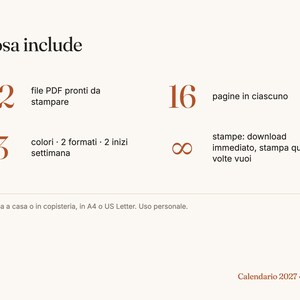 May include: A digital 2027 calendar information sheet with the text Cosa include, 12 print-ready PDF files, 16 pages each, 3 colours, 2 formats, 2 week starts, and an infinity symbol for unlimited downloads and prints. Includes A4 or US Letter.