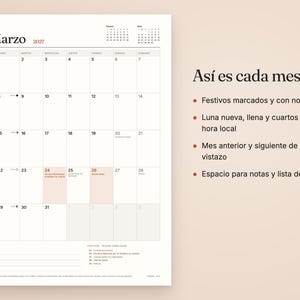 May include: A March 2027 calendar page with a grid layout, featuring the text 'Marzo 2027' at the top. The right side displays the text 'As&iacute; es cada mes' followed by a bulleted list detailing features like marked holidays, moon phases, and note space.