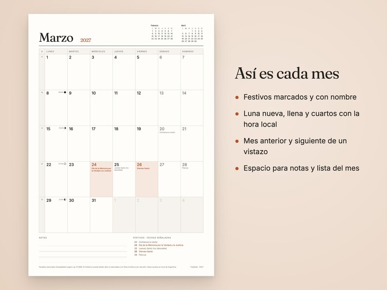 May include: A March 2027 calendar page with a grid layout, featuring the text 'Marzo 2027' at the top. The right side displays the text 'As&iacute; es cada mes' followed by a bulleted list detailing features like marked holidays, moon phases, and note space.