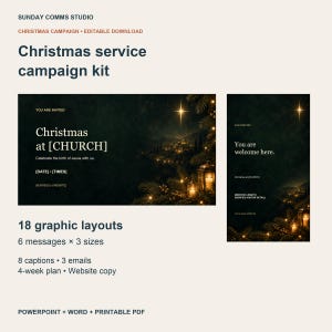 May include: A Christmas service campaign kit featuring 18 graphic layouts, 8 captions, 3 emails, a 4-week plan, and website copy. The designs include dark green backgrounds with glowing lanterns, pine branches, and a bright star.
