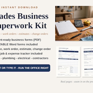 Contractor Business Forms Kit Printable Invoice Work Order Estimate Change Order Editable Word Excel Tracker HVAC Plumber