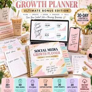 May include: A Social Media Growth Planner Ultimate Bonus Edition spiral-bound notebook with pastel brushstrokes and gold accents. The cover features the title, text, and a heart icon. Includes various planning sheets, a laptop displaying analytics, a smartphone, and a list of digital download features.