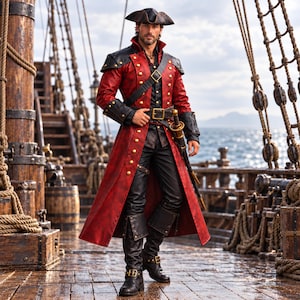 Puede incluir: Un abrigo largo rojo con detalles en cuero negro, botones dorados y cuello alto. El conjunto incluye una camisa negra, pantalones negros, un cinturón negro con hebilla dorada, un sombrero de tres picos negro y botas negras. Una espada está sujeta al cinturón.