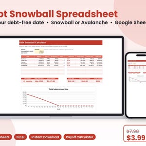 Puede incluir: Una hoja de cálculo digital Debt Snowball mostrada en la pantalla de un portátil y un smartphone. La interfaz incluye una calculadora de deudas, tablas de seguimiento y un gráfico lineal que muestra el saldo total en rojo y blanco.