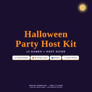 Può includere: Un kit per organizzare una festa di Halloween con testo arancione su sfondo viola scuro e una luna gialla. Include 12 giochi, una guida per l'ospite, indovinelli con emoji, 30 cartelle di bingo, schede elettorali e fogli segnapunti.