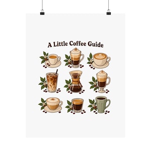 May include: A wall art print titled A Little Coffee Guide featuring nine illustrated coffee drinks arranged in a grid. Each beverage is accompanied by green coffee leaves and scattered brown roasted coffee beans on a white background.