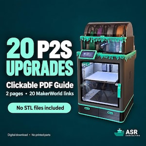 May include: A 3D printer featuring a dark gray frame with bright teal accents and a dripping slime design. Text reads: 20 P2S UPGRADES, Clickable PDF Guide, 2 pages, 20 MakerWorld links, No STL files included, digital download, No printed parts.