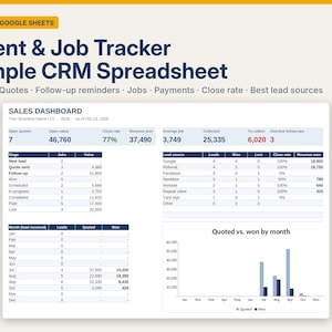 May include: A digital Client & Job Tracker Simple CRM Spreadsheet for Excel and Google Sheets. The dashboard displays sales metrics, including open quotes, revenue, and a Quoted vs. won by month bar chart for business tracking.