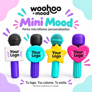 May include: Four custom microphone flags in square, circular, star, and heart shapes. Each features the text 'Your Logo' in black. The microphone flags are displayed in white, teal, yellow, and pink with purple and teal handles.