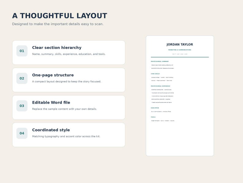 One Page Resume Template, Editable Word Resume, Professional CV ...