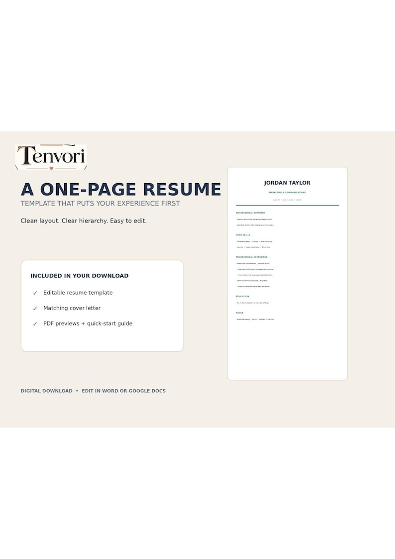 One Page Resume Template, Editable Word Resume, Professional CV ...