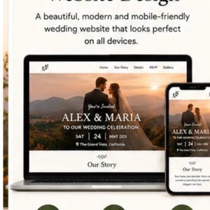 Puede incluir: Una pantalla digital que muestra un diseño de sitio web de bodas en una computadora portátil y un teléfono inteligente. La pantalla presenta a una pareja, el texto Alex & Maria y detalles de la boda. Debajo hay tres iconos circulares etiquetados como Fully Responsive, Clean & Elegant Design, No Coding Needed.