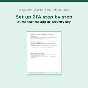 Lista de verificación de autenticación de dos factores (2FA) imprimible, lista de verificación de seguridad de cuentas en línea y criptomonedas, hoja de registro de cuenta, planificador de copias de seguridad de códigos de recuperación, PDF tamaño carta estadounidense