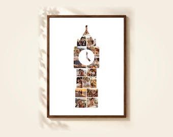 Tower Clock Photo Collage Template, 17 Photos, Editable in Canva