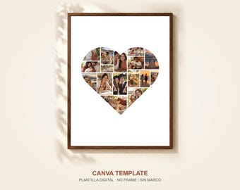 Herzförmige Fotocollage-Vorlage für Canva, 16 Fotos, Geschenk zum Jahrestag