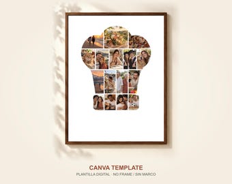 Fotocollage-Vorlage mit Kochmützen für Canva, 16 Fotos, Geschenkidee für Köche