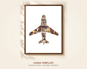 Fotocollage-Vorlage „Flugzeug“ für Canva, 16 Fotos, Geschenkidee für Piloten