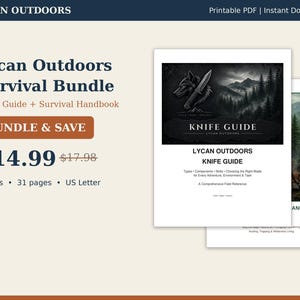 May include: Lycan Outdoors Survival Bundle featuring a Knife Guide and Survival Handbook. The digital documents include text, a wolf and knife graphic, and mountain forest imagery. The bundle consists of two PDFs totaling 31 pages.