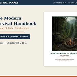 May include: The Modern Survival Handbook by Lycan Outdoors is a 19-page printable PDF document measuring 8.5 x 11 inches. The cover features a forest scene with a backpack, a knife, and a campfire, with text detailing survival skills.