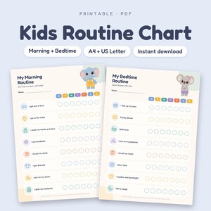 Può includere: Un set di tabelle delle routine per bambini in formato PDF stampabile, che include un foglio per la routine mattutina con un elefante e uno per la routine serale con un koala. Entrambi includono liste di controllo giornaliere con icone.