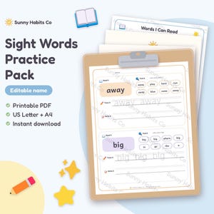Sight Words Worksheets Printable, Sight Word Flash Cards and Bingo, Dolch Sight Words Tracing, Kindergarten Reading, Editable Name