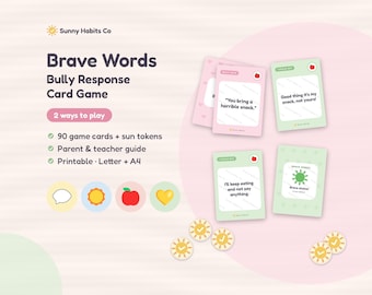 Puede incluir: Juego de cartas Brave Words Bully Response de Sunny Habits Co que incluye 90 cartas, fichas de sol y una guía. Las tarjetas muestran textos como You bring a horrible snack, Good thing it's my snack, not yours e I'll keep eating and not say anything.