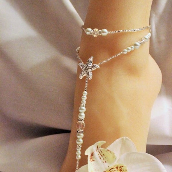 Barefoot Sandal, Foot Jewelry, Anklet, Beach wedding Sandal, Wedding Jewelry, Bridal jewelry, Pearl Wedding Jewelry, Sea star foot thong