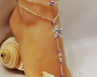 Sandali a piedi nudi da sposa Gioielli per piedi da sposa Cavigliera per matrimoni Sandalo a piedi nudi viola Sandalo a piedi nudi Boho in cristallo