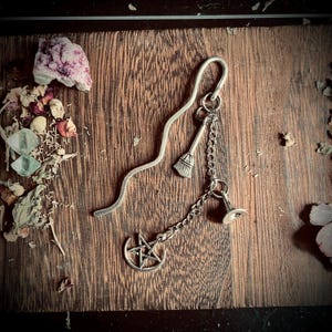 The Power of Three Witchcraft Bookmark - Metal, Silver, Broom, Witch Hat, Charms, Pentacle, Moon, Handmade
