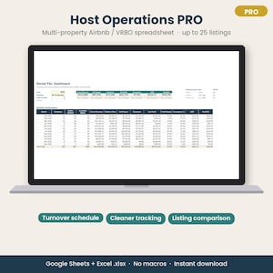 Könnte beinhalten: Ein Laptop-Bildschirm zeigt die Host Operations PRO Tabelle für Airbnb und VRBO. Die Benutzeroberfläche enthält ein Rental P&L Dashboard mit monatlichen Leistungsdaten, einschließlich Buchungen, Einnahmen, Ausgaben und Gewinn.