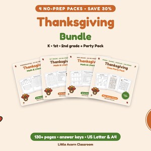Thanksgiving Worksheets Bundle, Thanksgiving Activities for Kids Printable, Kindergarten 1st 2nd Grade, Party Games