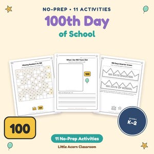 Puede incluir: Un conjunto de 11 hojas de actividades educativas para el día 100 de escuela, para los grados K-2. Las páginas incluyen una cuadrícula de números faltantes, un ejercicio de escritura sobre tener 100 años y una corona para recortar.