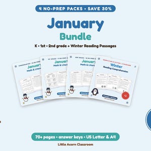 May include: A January Bundle educational resource set featuring four square covers with text including January Math & Literacy and Winter Reading Comprehension. The design includes snowman and penguin graphics, stars, and snowflakes on a light blue background.