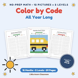 May include: A set of math worksheets titled Color by Code All Year Long, featuring 12 pictures across 2 levels. The pages include January, September, and June mystery pictures with grids for addition and subtraction within 10 and 20.