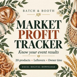 Può includere: Un foglio di calcolo digitale intitolato BATCH & BOOTH MARKET PROFIT TRACKER. Il testo include Know your event results, 20 products, Leftovers, Owner time ed EXCEL DIGITAL DOWNLOAD. È incorniciato da illustrazioni di pane, girelle alla cannella e grano.