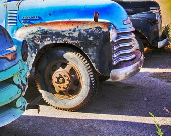 Old Chevy Work Trucks, Rusty Trucks, Three Old Trucks, Fine Art Photo, RetroArt, Art for Walls, Blue, Black, Chrome, Gift For Men, Truck Art