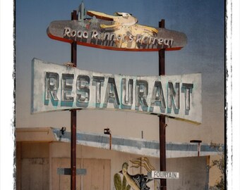 Retro Roadside, Route 66, Fine Art Photo, Roadrunner Sign, Route 66 Art, Retro Art, Mojave Desert, Blue, White, Art for Walls, Gift for Guys