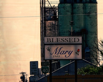 Sunrise, Fine Art Photo, Texas, Route 66 Photo, Grain Elevators, Blessed Mary Sign, Ranch Country, Art for Walls, Roadside Art, Rustic,