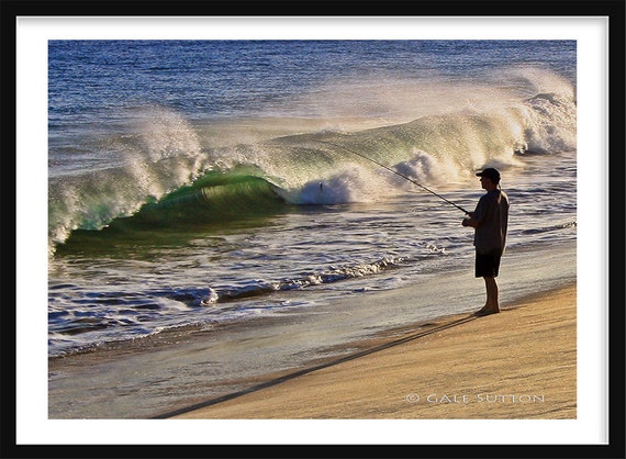 Man Fishing on Beach, Fisherman, Ocean, Fine Art Photo, Gift for Men, Blue,  Sand, White, Fishing Photo, Beach, Art for Walls, Home Decor 