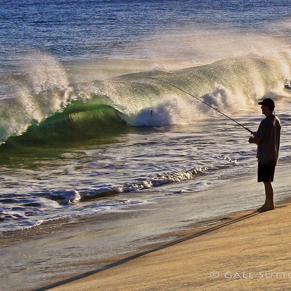 Man Fishing on Beach, Fisherman, Ocean, Fine Art Photo, Gift for Men, Blue, Sand, White, Fishing Photo, Beach, Art for Walls, Home Decor