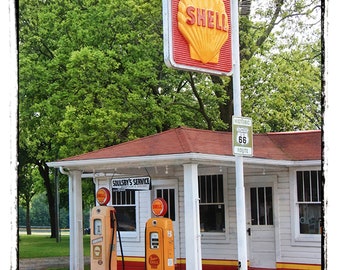 Illinois, Retro Art, Route 66 Photo, Fine Art Photo, Old Gas Pumps, Shell Gas Station, Green, White, Color Pop, Art for Walls, Gift for Guys