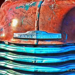 Old Rusty Chevy Truck, Fine Art Photo, Chevy Truck Grill, Retro, Old Car Art,  Rusty Truck, Red, Blue, Chrome, Art for Walls, Man Cave Art